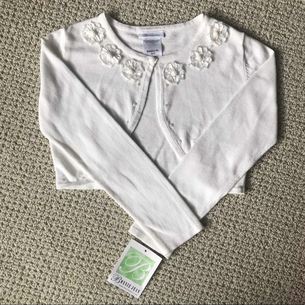 Party sweater w/satin roses & pearl trim, NEW